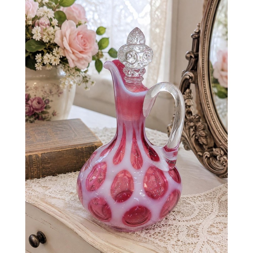 Fenton Cranberry Opalescent Coin Dot Glass Cruet With Stopper